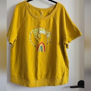 Anthropologie Mustard Sweater Tee with Leopard and Rainbow